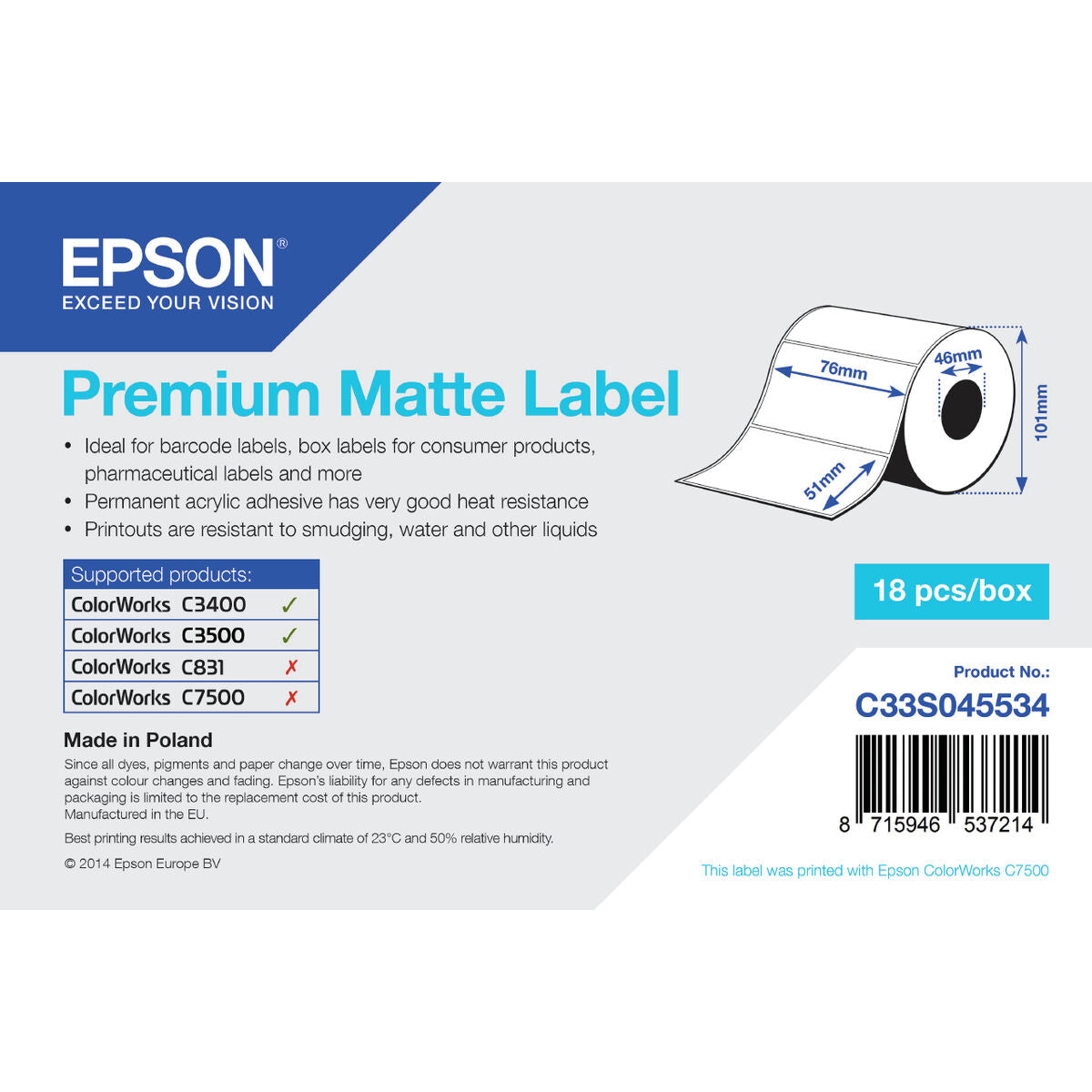 Epson Printer Labels Epson C33S045534 White