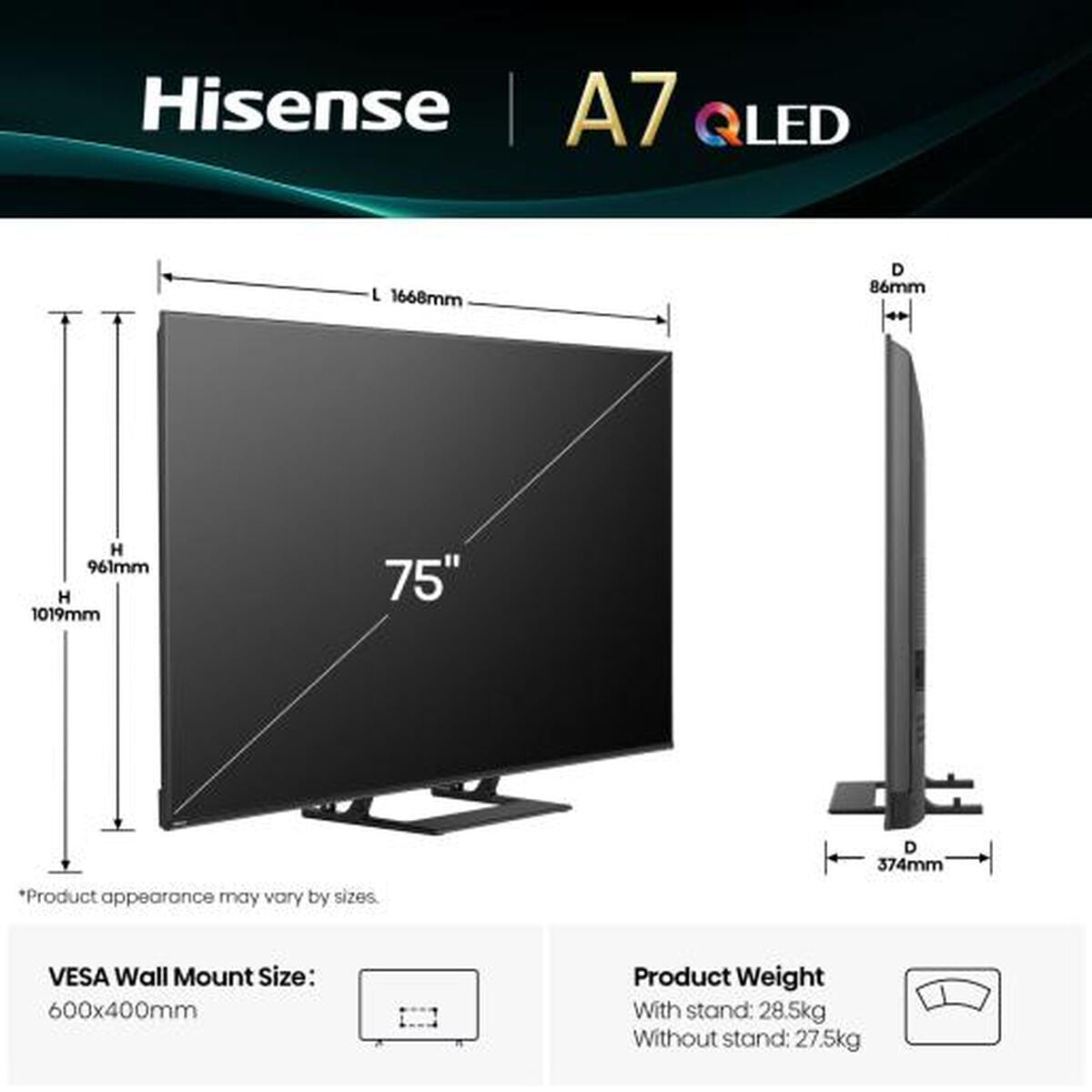 Hisense Smart Tv Hisense 75A7Q 75" 4K Ultra Hd Led Hdr D-Led Qled